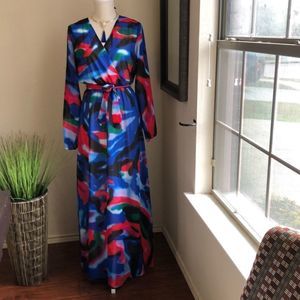 Chiffon Full Sleeve V-Neck Belted Maxi Dress.